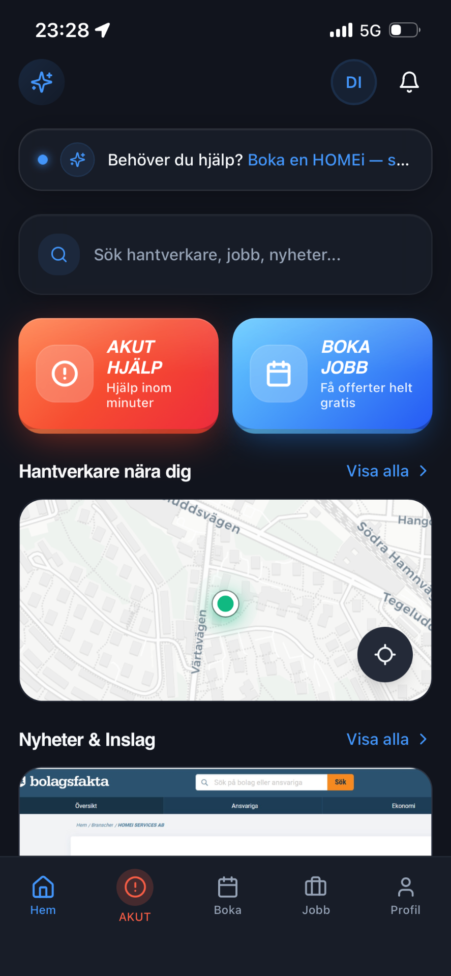 HOMEi-appen: startskärm med Akut hjälp, Boka jobb och karta över hantverkare nära dig